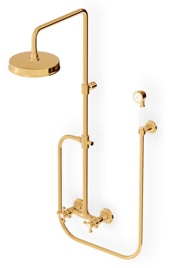 Душевая система Zucchetti Agora: смеситель, стойка с верхним и ручным душами, цвет золото