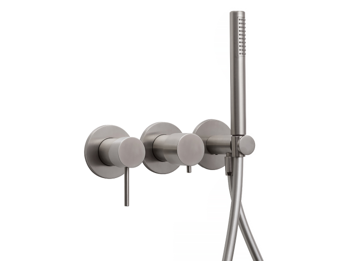 На изображении товар Смеситель для душа Carlo Frattini Spillo Steel , встраиваемый, на 2 потребителя, с душевым гарнитуром, внешняя часть, цвет нержавеющая сталь от официального представителя в Москве