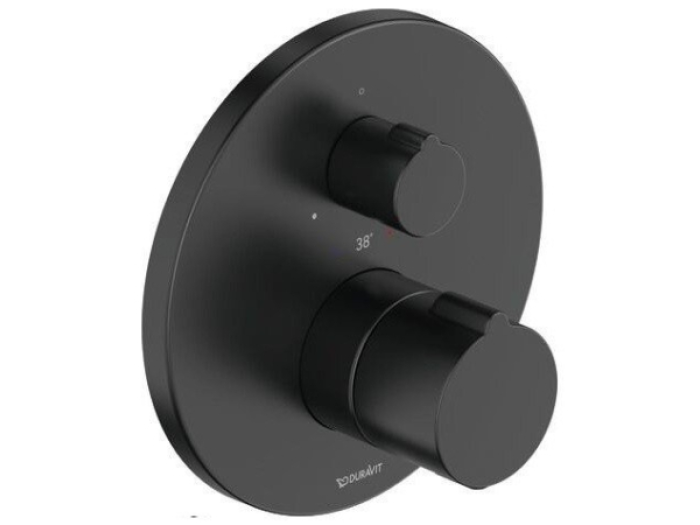 На изображении товар Термостатический смеситель для душа Duravit C.1 внешняя часть, 1 выпуск, круглая накладка, цвет чёрный матовый от официального представителя в Москве