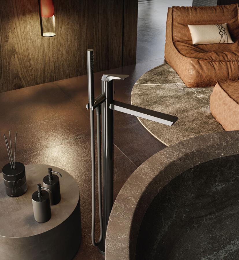 Cмеситель для ванны Gessi Ventaglio, h1069 мм, напольный, с переключателем и ручным душем, внешняя часть,  цвет Finox Brushed Nickel - изображение 1