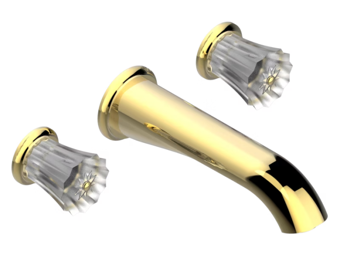 На изображении товар Смеситель THG Mille Nuits-Clear crystal, встраиваемый в стену, для раковины, на три отверстия, с изливом супер голиаф, без выпуска, цвет золотo PVD от официального представителя в Москве