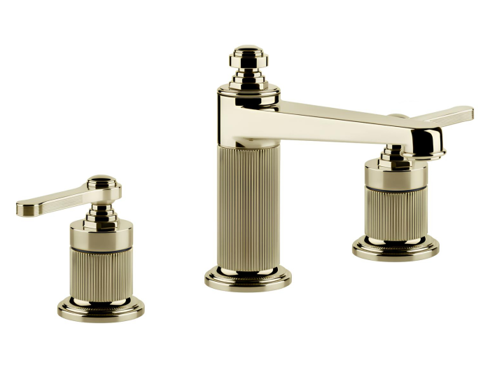 На изображении товар Смеситель для раковины Gessi Venti20, на 3 отверстия, средний, без донного клапана, цвет Brass PVD от официального представителя в Москве