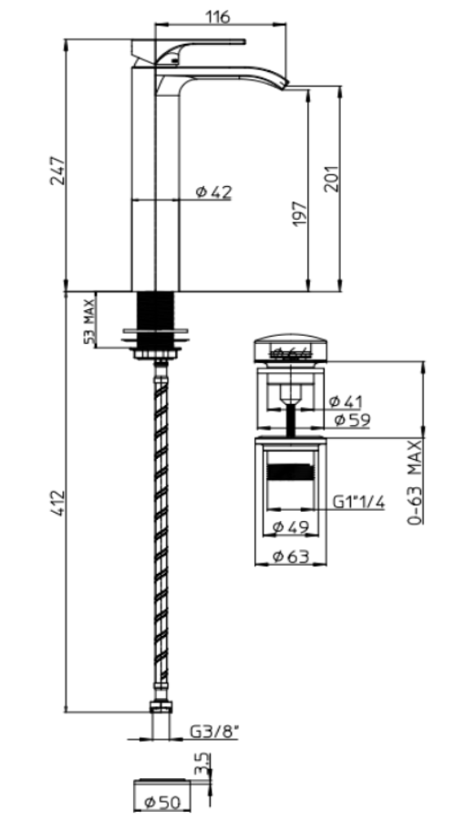 Cмеситель для раковины Bossini Apice 2-T, h 247 мм, однорычажный, на 1 отверстие, прямоугольный аэратор 28x7 мм, донный клапан 1”1/4, гибкая подводка из нерж. стали 3/8” F, цвет хром - изображение 2