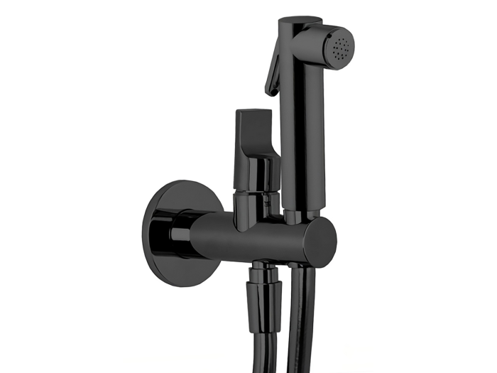 На изображении товар Душ гигиенический Carlo Frattini Collettivita : умный смеситель, встроенный держатель, лейка - душ/гидроёршик, шланг 1200 мм, цвет чёрный хром F2320/1NCN +скрытая часть F2645 от официального представителя в Москве