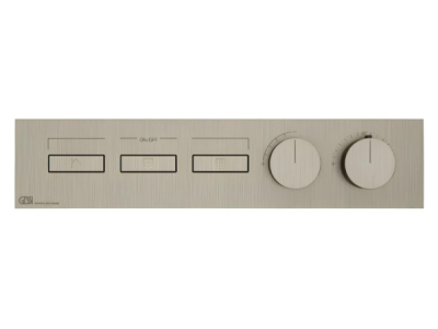 На изображении товар Термостат Gessi HI-FI, с кнопками вкл/выкл, до 3 функций одновременно, внешняя часть, ширина 455 мм, цвет Finox Brushed Nickel от официального представителя в Москве