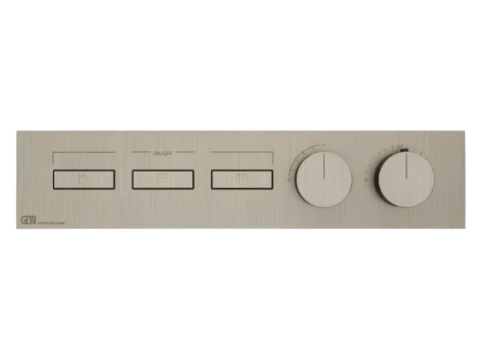 На изображении товар Термостат Gessi HI-FI, с кнопками вкл/выкл, до 3 функций одновременно, внешняя часть, ширина 455 мм, цвет Finox Brushed Nickel от официального представителя в Москве