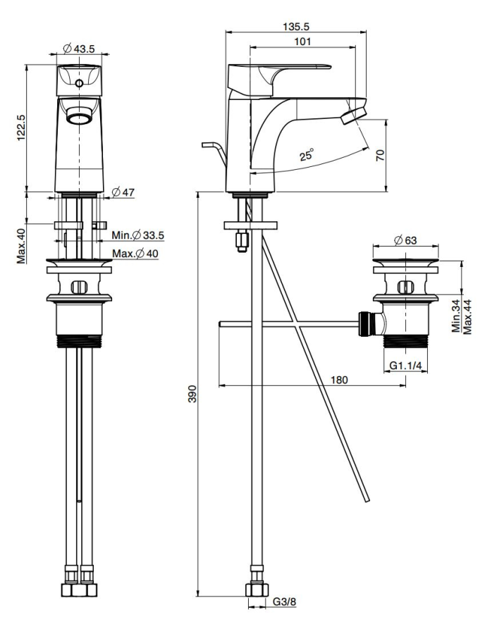 Смеситель для раковины Carlo Frattini Serie 22, однорычажный, c донным клапаном Click-Clack, 2 гибкими шлангами, Н-123 мм, цвет хром - изображение 3