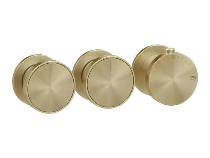 На изображении товар Термостат Gessi Origini, с 2 независимыми выходами, внешние части, цвет Brushed Brass PVD от официального представителя в Москве