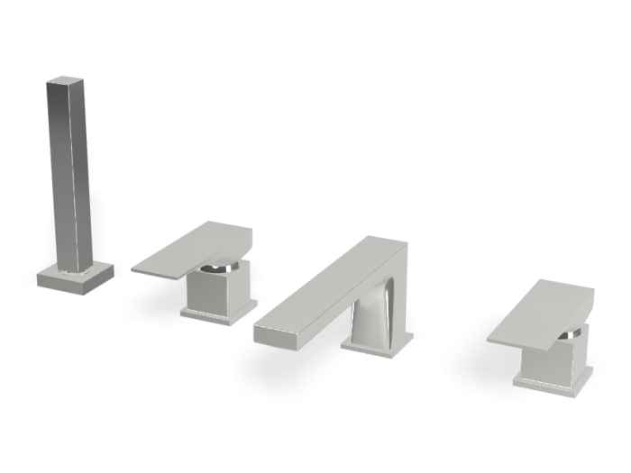 На изображении товар Смеситель для ванны Carlo Frattini Zeta, на борт, на 4 отверстия, двухрычажный, с изливом, вытяжным ручным душем, цвет хром от официального представителя в Москве