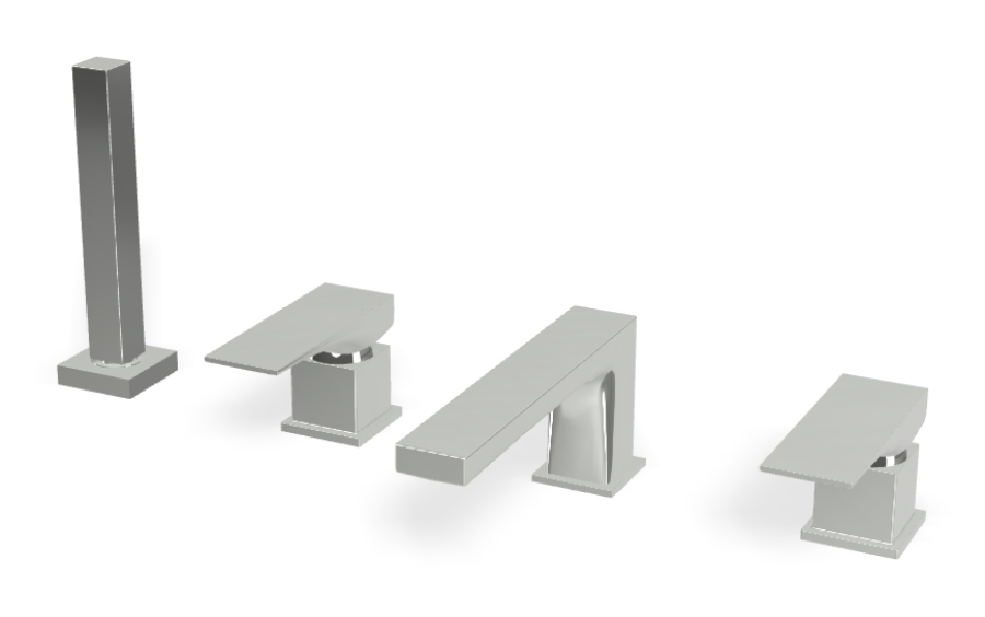 Смеситель для ванны Carlo Frattini Zeta, на борт, на 4 отверстия, двухрычажный, с изливом, вытяжным ручным душем, цвет хром