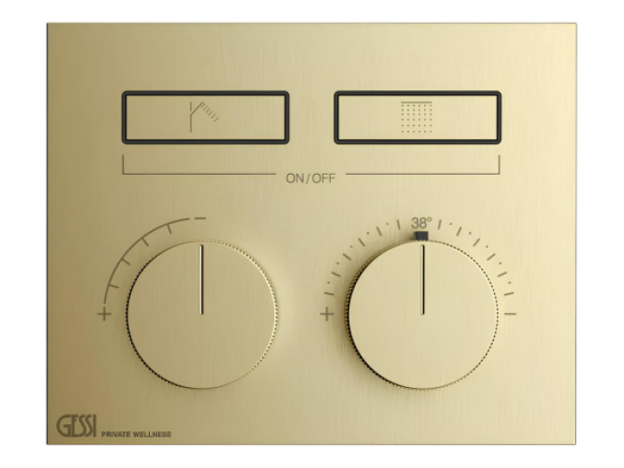 На изображении товар Термостат Gessi HI-FI, до 2-х функций одновременно, встраиваемый, внешняя часть, цвет Brushed Brass PVD от официального представителя в Москве