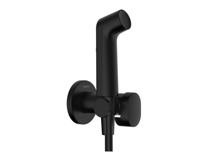 На изображении товар Гигиенический душ Hansgrohe Bidette S EcoSmart+, комплект со смесителем (внешняя часть), с шлангом 1250мм. и держателем, цвет черный матовый от официального представителя в Москве
