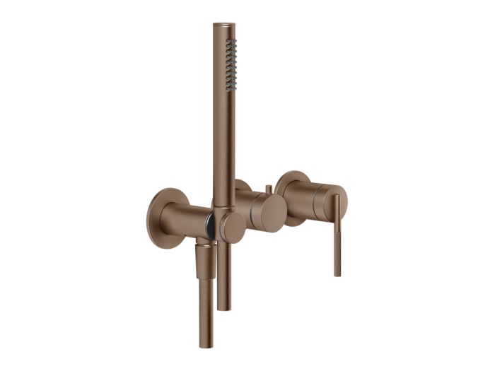 На изображении товар Смеситель для ванны Gessi Ingranaggio, настенный, на 2 потребителя, с ручным душем, встраиваемый, цвет Copper Brushed от официального представителя в Москве