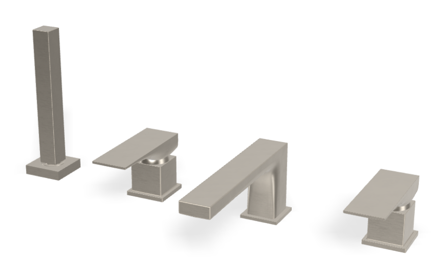 Смеситель для ванны Carlo Frattini Zeta, на борт, на 4 отверстия, двухрычажный, с изливом, вытяжным ручным душем, цвет брашированный никель