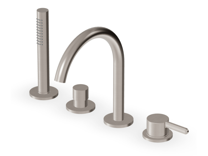 На изображении товар Смеситель для ванны Zucchetti Isy22, на борт, однорычажный, с поворотным изливом, выдвижным душем, лейкой Z94177, шлангом, цвет брашированный никель от официального представителя в Москве