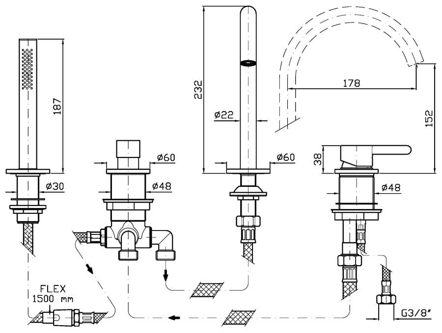 Смеситель для ванны Zucchetti Isy22, на борт, однорычажный, с поворотным изливом, выдвижным душем, лейкой Z94177, шлангом, цвет брашированный никель - изображение 1