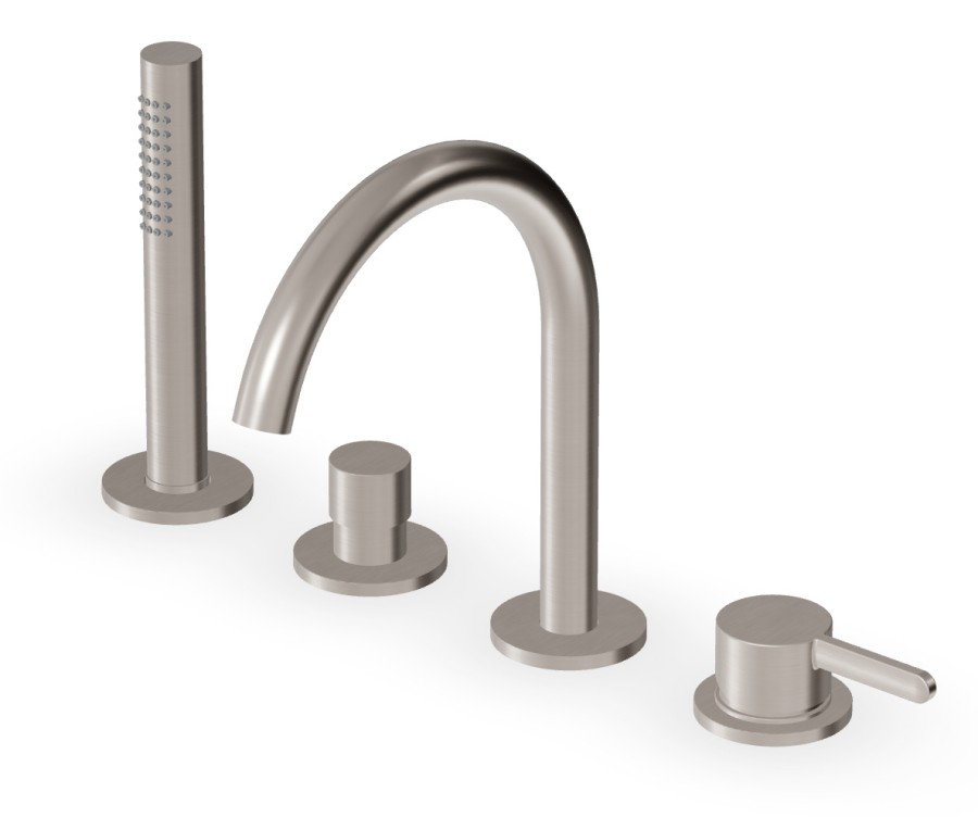 Смеситель для ванны Zucchetti Isy22, на борт, однорычажный, с поворотным изливом, выдвижным душем, лейкой Z94177, шлангом, цвет брашированный никель