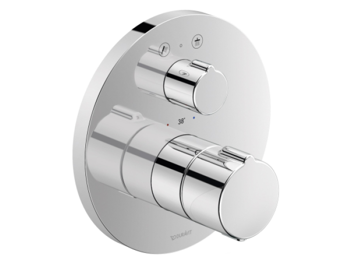 На изображении товар Термостатический смеситель для душа Duravit C.1 скрытого монтажа, внешняя часть, круглая накладка, цвет хром от официального представителя в Москве