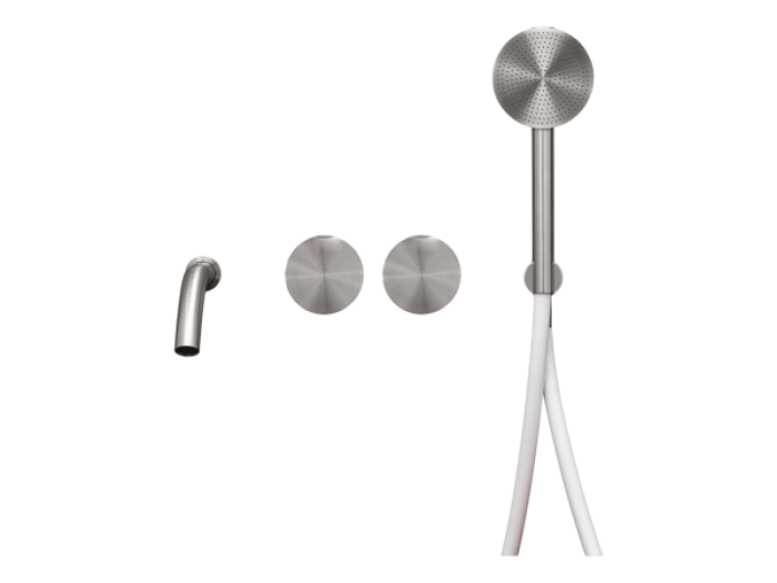 На изображении товар Смеситель для ванны CeaDesign Giotto, настенный, 2 прогрессивных смесителя, излив, ручной душ Ø 80 мм, шланг в цвете White, внешняя часть, цвет сатинированное светлое золото от официального представителя в Москве