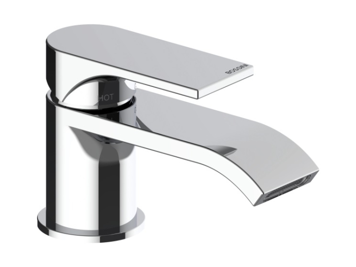 На изображении товар Cмеситель для раковины Bossini Apice 2-R, однорычажный, на 1 отверстие, прямоугольный аэратор 28x7 мм, донный клапан 1”1/4, гибкая подводка из нерж. стали 3/8” F, цвет хром от официального представителя в Москве