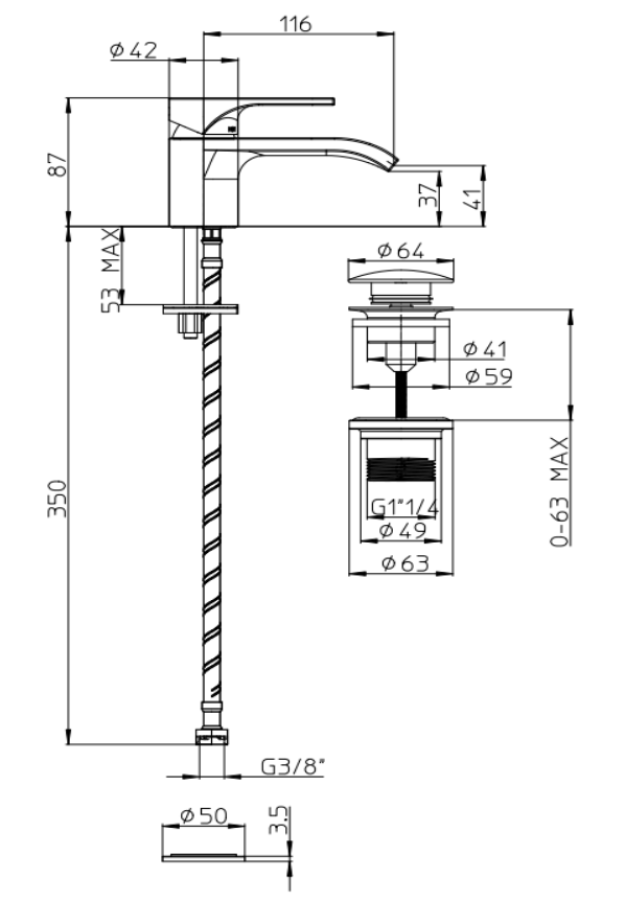 Cмеситель для раковины Bossini Apice 2-R, однорычажный, на 1 отверстие, прямоугольный аэратор 28x7 мм, донный клапан 1”1/4, гибкая подводка из нерж. стали 3/8” F, цвет хром - изображение 1
