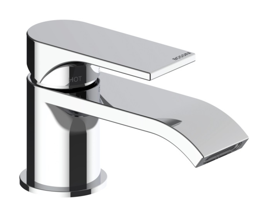 Cмеситель для раковины Bossini Apice 2-R, однорычажный, на 1 отверстие, прямоугольный аэратор 28x7 мм, донный клапан 1”1/4, гибкая подводка из нерж. стали 3/8” F, цвет хром