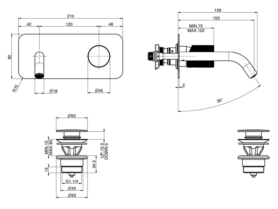 Смеситель для раковины Carlo Frattini Spillo Tech, ручка X Collection, с донным клапаном Click-Clack, излив 150 мм, внешняя часть, цвет хром - изображение 3
