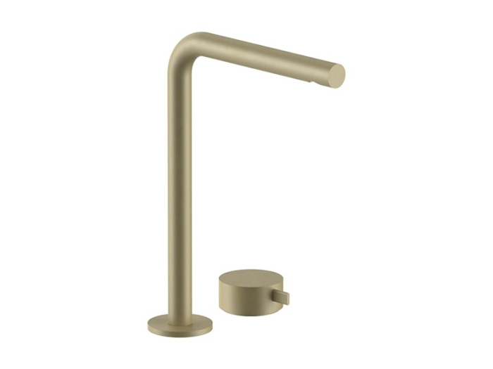 На изображении товар Смеситель для раковины Fantini AF/21 Fukasawa на 2 отверстия, высокий удлиненный излив, вылет 190 мм, ручка, подводка, без донного клапана, цвет Matt British Gold PVD от официального представителя в Москве