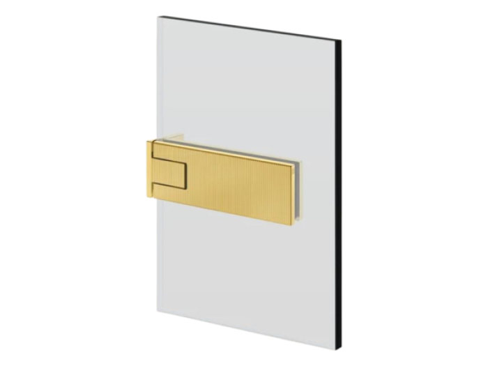 На изображении товар Петля стена-стекло Gessi Rigato, угол поворота 90 градусов, если вес двери больше 50 кг, использовать 3 петли, максимальная ширина створки 1000 мм, цвет Gold PVD от официального представителя в Москве