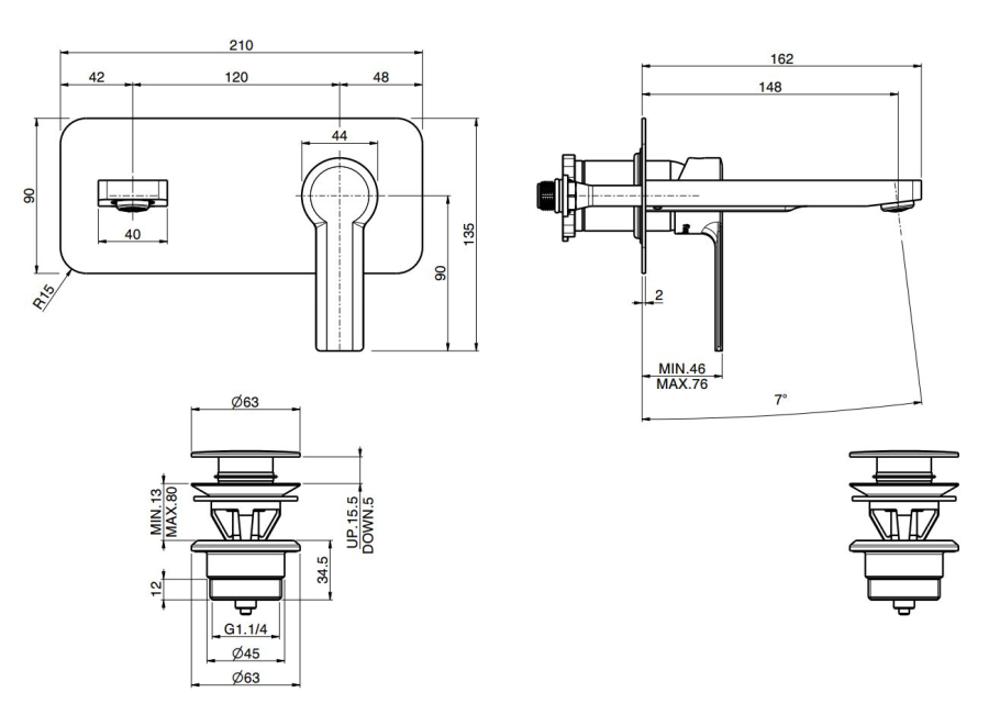 Смеситель для раковины Carlo Frattini Mast, настенный, однорычажный, с донным клапаном Click-Clack, Н-135 мм, внешняя часть, цвет брашированный чёрный хром - изображение 3