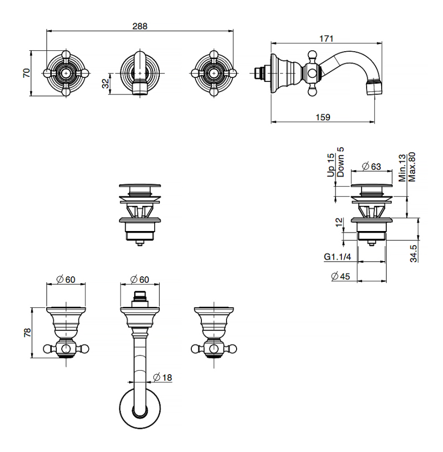 Смеситель для раковины Carlo Frattini Elizabeth Chic , донный клапан 1" 1/4, 3 отверстия, цвет бронза - изображение 3