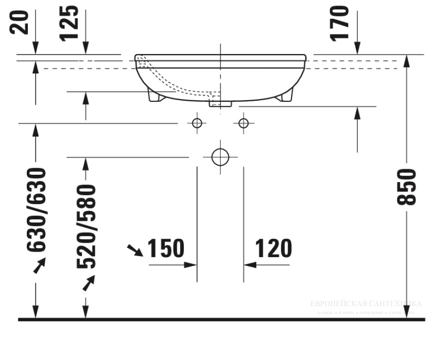 Раковина Duravit DuraStyle полувстраиваемая, 550х455 мм, с переливом, с 1 отверстием под смеситель, цвет белый - изображение 3