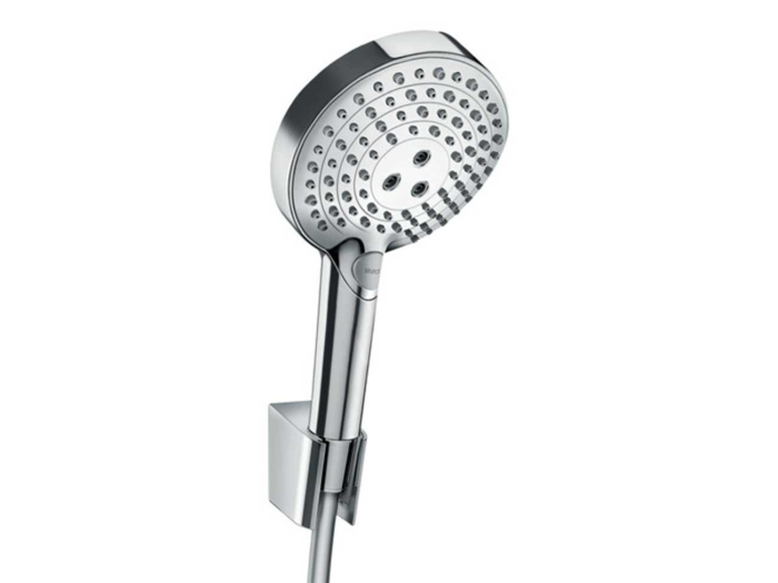 На изображении товар Ручной душ Hansgrohe Raindance Select S, 3jet, комплект: лейка - 3 типа струи,  держатель, шланг 1,25 м, цвет Хром от официального представителя в Москве