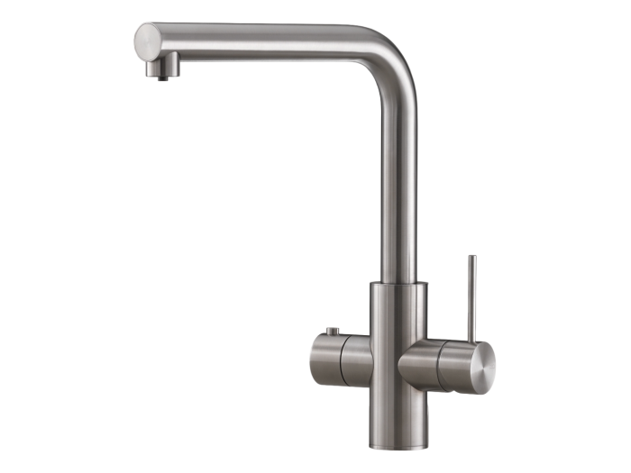 На изображении товар Смеситель для кухни CeaDesign Milo360, однорычажный, поворотный излив, с краном питьевой воды, система обратного осмоса в комплект не входит, цвет сатинированная сталь от официального представителя в Москве