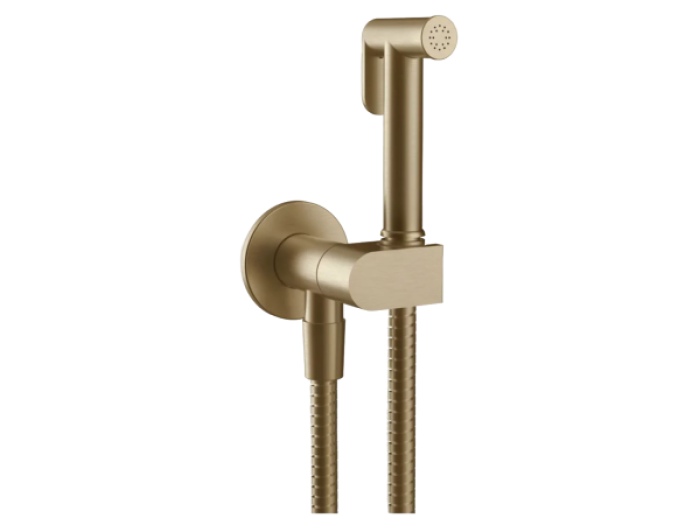 На изображении товар Гигиенический душ Gessi Tondo, с предохранительным клапаном, с лейкой, шлангом, шланговым подсоединением и держателем лейки, ширина 75 мм, цвет Warm Bronze Br. PVD от официального представителя в Москве