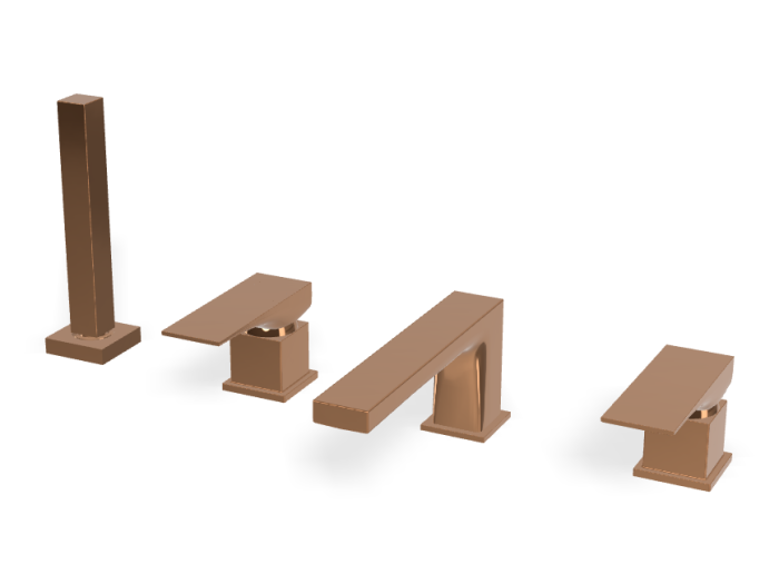 На изображении товар Смеситель для ванны Carlo Frattini Zeta, на борт, на 4 отверстия, двухрычажный, с изливом, вытяжным ручным душем, цвет янтарная бронза от официального представителя в Москве