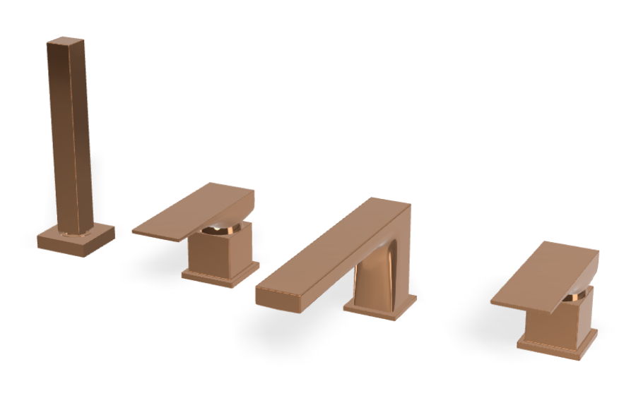 Смеситель для ванны Carlo Frattini Zeta, на борт, на 4 отверстия, двухрычажный, с изливом, вытяжным ручным душем, цвет янтарная бронза