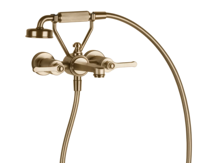 На изображении товар Смеситель для ванны Gessi Venti20, настенный, на 2 позиции, с переключателем ванна-душ, подводом воды и держателем лейки, цвет Warm Bronze Br. PVD от официального представителя в Москве