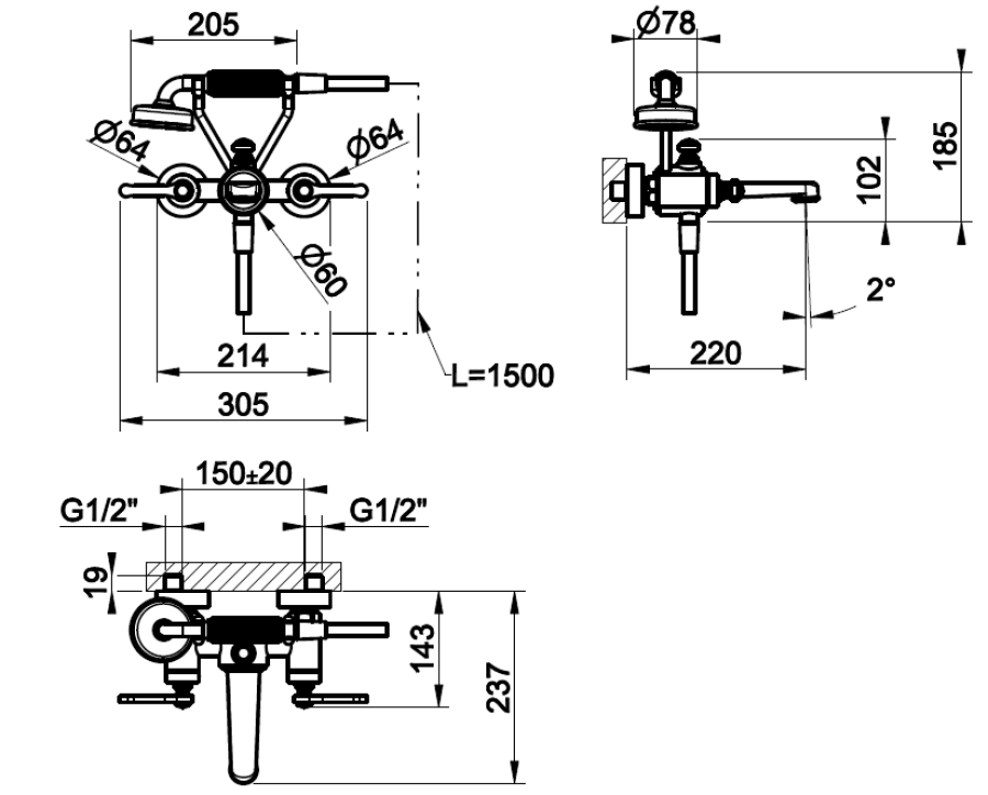 Смеситель для ванны Gessi Venti20, настенный, на 2 позиции, с переключателем ванна-душ, подводом воды и держателем лейки, цвет Warm Bronze Br. PVD - изображение 4