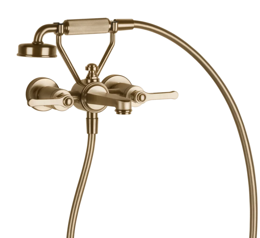 Смеситель для ванны Gessi Venti20, настенный, на 2 позиции, с переключателем ванна-душ, подводом воды и держателем лейки, цвет Warm Bronze Br. PVD