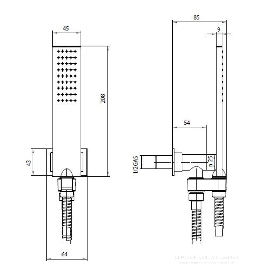 Ручной душ Bossini C13 Flat One : держатель с шланговым подсоединением, душевая лейка, шланг (A00158), цвет черный матовый - изображение 1