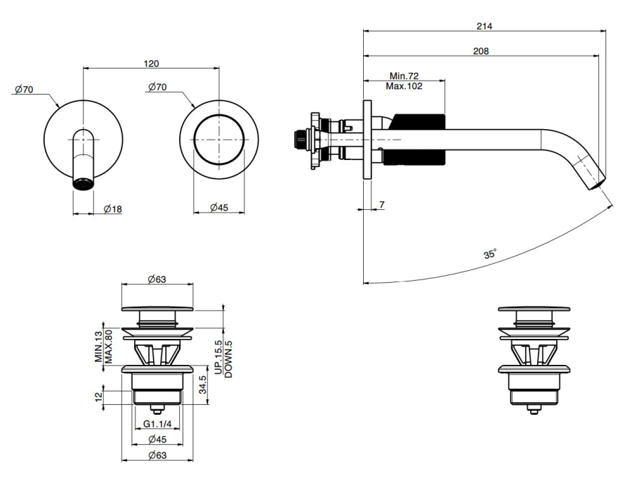 Смеситель для раковины Carlo Frattini Spillo Tech, ручка V Collection, настенный, с донным клапаном Click-Clack, излив 210 мм, внешняя часть, цвет брашированная шампань - изображение 3