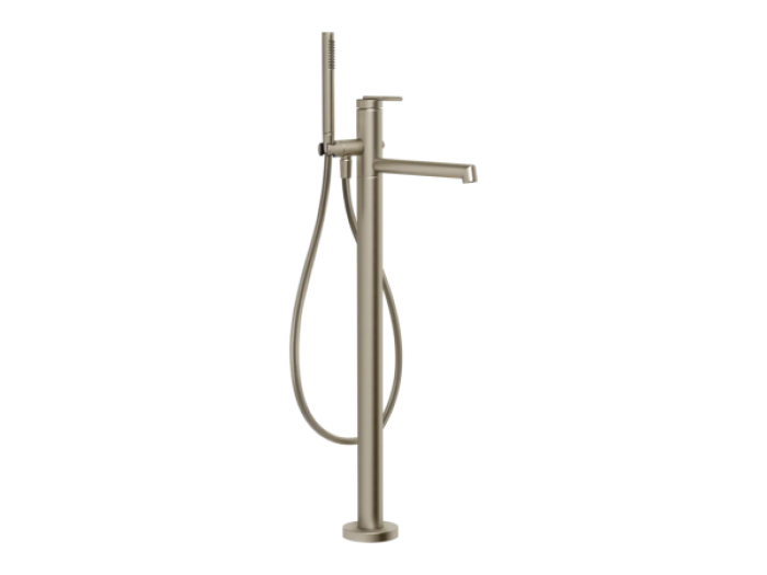 На изображении товар Смеситель для ванны Gessi Ingranaggio, напольный, с ручным душем, встраиваемый, цвет Finox Brushed Nickel от официального представителя в Москве