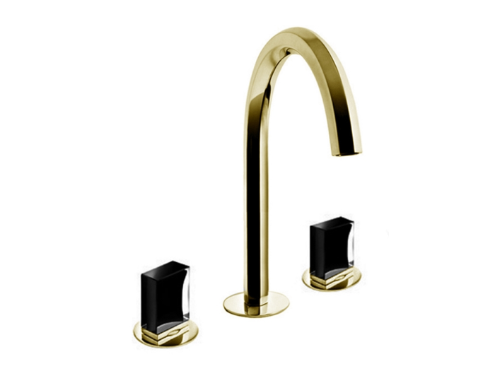 На изображении товар Смеситель для раковины Fantini Venezia на 3 отверстия, вылет 175 мм, без ручек, донный клапан нажимного типа, ручки заказываются отдельно, см. раздел "Ручки", цвет Matt British Gold PVD от официального представителя в Москве