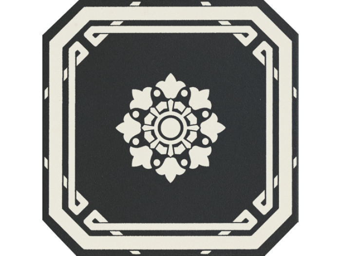 На изображении товар CERAMICHE GRAZIA Керамогранит OLD ENGLAND OTTAGONO DECORO BLACK 20X20 DOVER от официального представителя в Москве