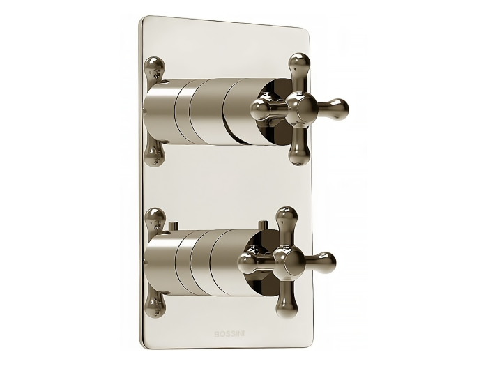 На изображении товар Термостат встраиваемый Bossini  с дивертором 1/2/3/4/5, крестовые ручки, внешняя часть, цвет никель шлифованный от официального представителя в Москве