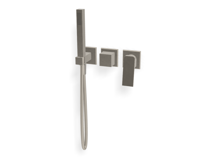 На изображении товар Смеситель Carlo Frattini Fit, на 2 потребителя, с ручным душем, держателем, гибким шлангом хромалюкс 1500 мм, внешняя часть, цвет никель брашированный от официального представителя в Москве