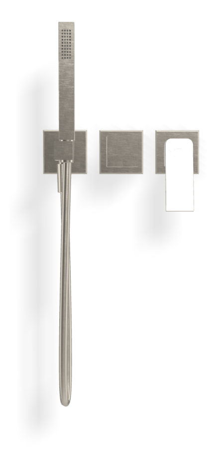 Смеситель Carlo Frattini Fit, на 2 потребителя, с ручным душем, держателем, гибким шлангом хромалюкс 1500 мм, внешняя часть, цвет никель брашированный - изображение 1