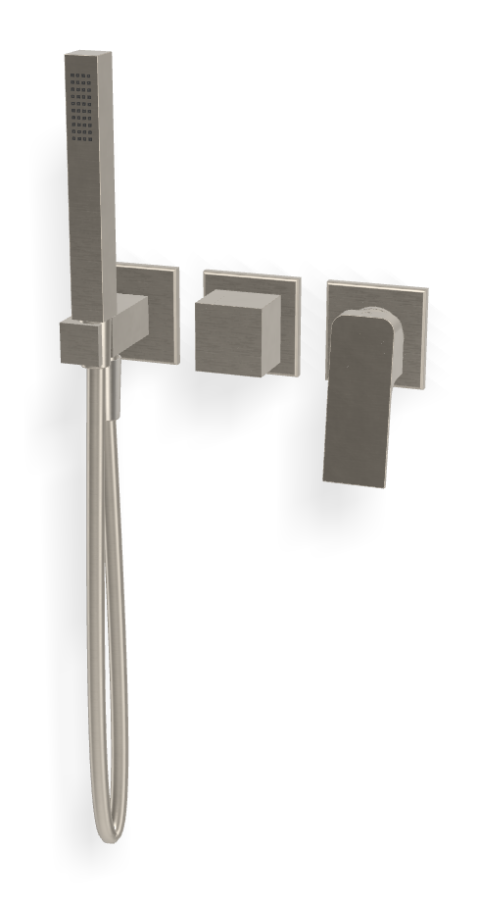 Смеситель Carlo Frattini Fit, на 2 потребителя, с ручным душем, держателем, гибким шлангом хромалюкс 1500 мм, внешняя часть, цвет никель брашированный