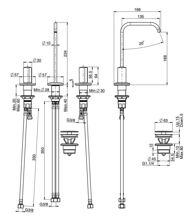 Смеситель для раковины Carlo Frattini SO, без ручек, с вращающимся изливом Ø10 мм, донным клапаном Click-Clack, 2 гибкими шлангами, L-168 мм, цвет чёрный хром - изображение 3